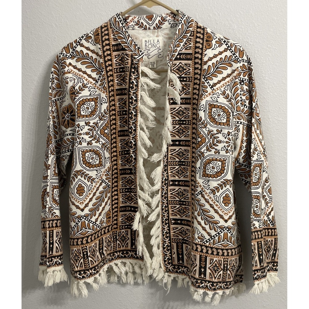 Billabong Womens Sienna Cotton Tassels Fringe Open Front Cardigan‎ Size L